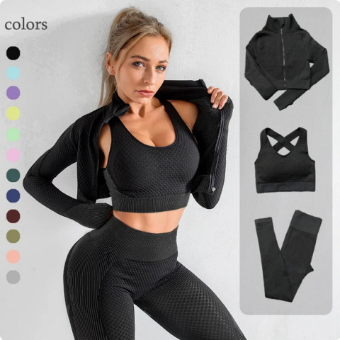 3 częściowy komplet bezszwowy legginsy Push Up Fitness bluza 3 częściowy komplet bezszwowy legginsy Push Up Fitness bluza