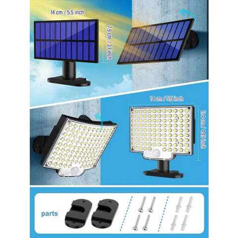 106LED Solar lampa Wodoodporna z czujnikiem ruchu Pilot zdalnego sterowania 3 tryby na patio Garaż Podwórko 106LED Solar lampa Wodoodporna z czujnikiem ruchu Pilot zdalnego sterowania 3 tryby na patio Garaż Podwórko